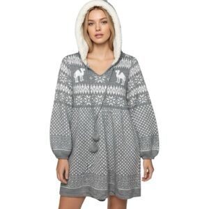 ZARA TRF Knitwear Gray Sweater Dress Hooded Fleece Sz M Balloon Sleeve Festive